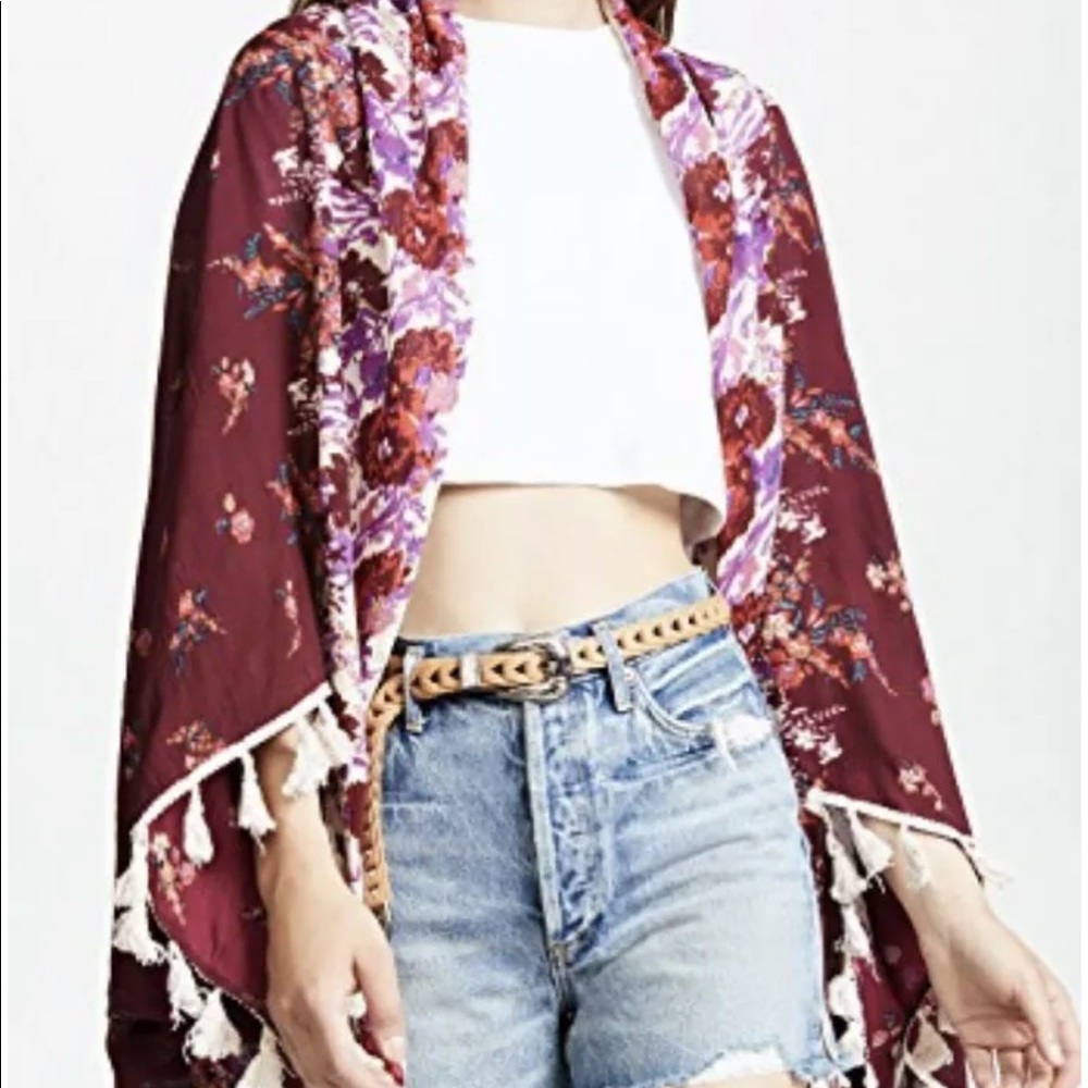 Free People wine Oversized Floral Tassel Kimono - Picture 1 of 7